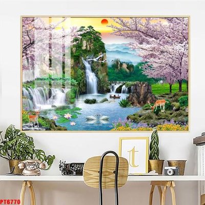 File in trần Tranh sơn thủy thác nước PT6770 (file gốc) hoa văn 3D