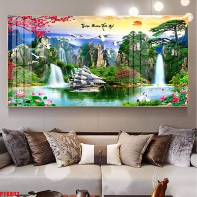 File in trần Tranh sơn thủy thác nước PT6807 (bản gốc) mây trời