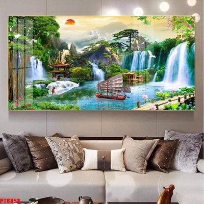 File tranh gốc PSD Tranh sơn thủy thác nước PT6858 còn nguyên layer