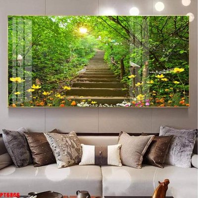 File gốc Tranh sơn thủy thác nước PT6866 (in lụa) tranh thuận buồm