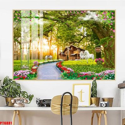 File gốc Tranh sơn thủy thác nước PT6881 (in lụa) họa tiết 3D