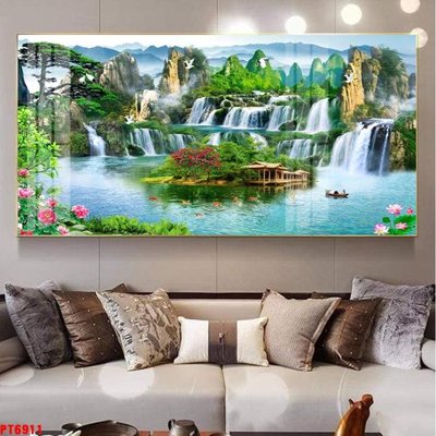 File in trần Tranh sơn thủy thác nước PT6911 (file gốc) phong thủy
