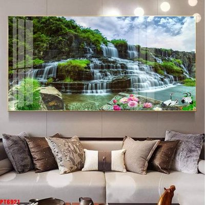 File gốc Tranh sơn thủy thác nước PT6921 (in lụa) họa tiết 3D
