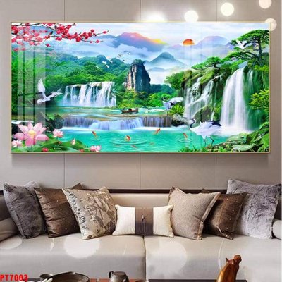 Tải file gốc in lụa Tranh sơn thủy thác nước PT7003 siêu nét