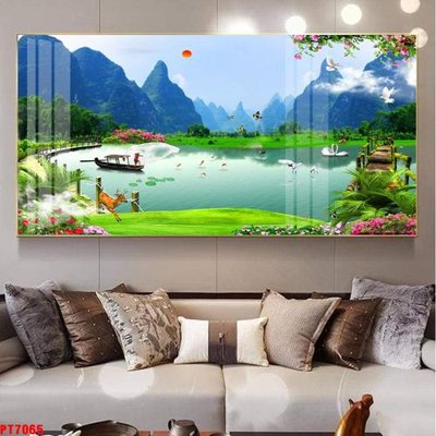 Download file gốc Tranh sơn thủy thác nước PT7065 (in lụa) hoa lá