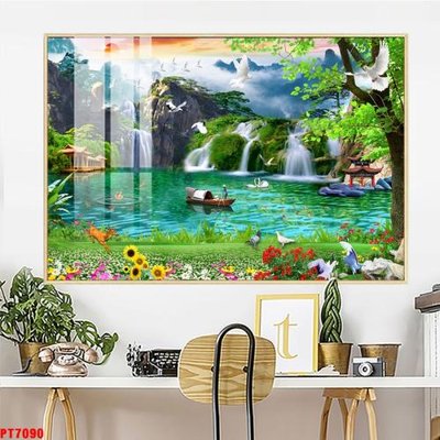 Ảnh mô tả file gốc in mica Tranh sơn thủy thác nước PT7090