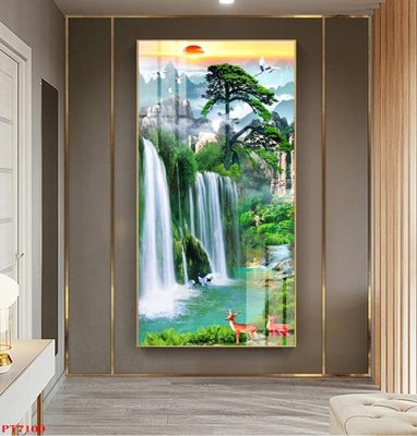 File gốc Tranh sơn thủy thác nước PT7100 (in lụa) hoa văn cổ điển