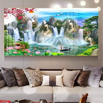 File gốc Tranh sơn thủy thác nước PT7140 (in lụa) tranh thuận buồm