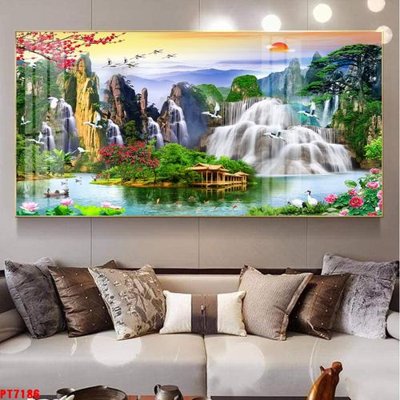File gốc Tranh sơn thủy thác nước PT7186 (in lụa) họa tiết 3D