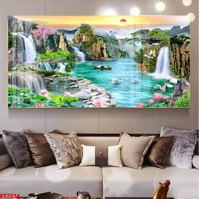 File tranh Tranh sơn thủy thác nước PT7234 (file gốc) chủ đề phong thủy