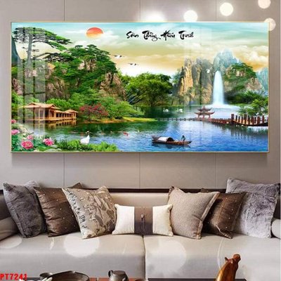 File tranh Tranh sơn thủy thác nước PT7241 (file gốc) chủ đề phong thủy