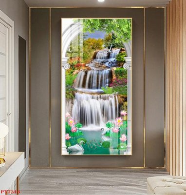 File gốc Tranh sơn thủy thác nước PT7313 (in lụa) hoa văn cổ điển