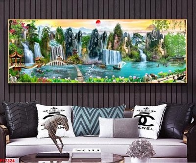 File gốc Tranh sơn thủy thác nước PT7324 (in lụa) họa tiết 3D
