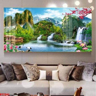 File in trần Tranh sơn thủy thác nước PT7341 (bản gốc 3D) sống động