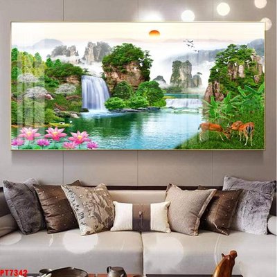 File tranh in tráng gương Tranh sơn thủy thác nước PT7342 (siêu nét)