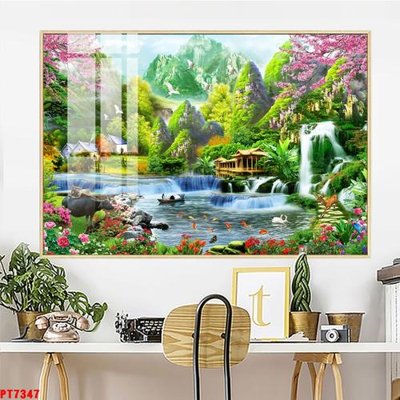 File gốc Tranh sơn thủy thác nước PT7347 (ảnh chi tiết) để in lụa
