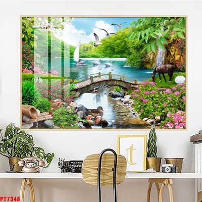 File gốc Tranh sơn thủy thác nước PT7348 (chủ đề hiện đại) trang trí