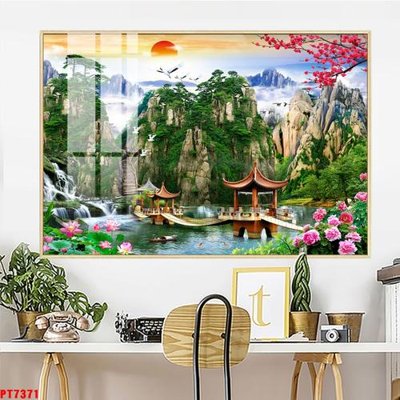 File tranh Tranh sơn thủy thác nước PT7371 (bản gốc) in lụa 3D