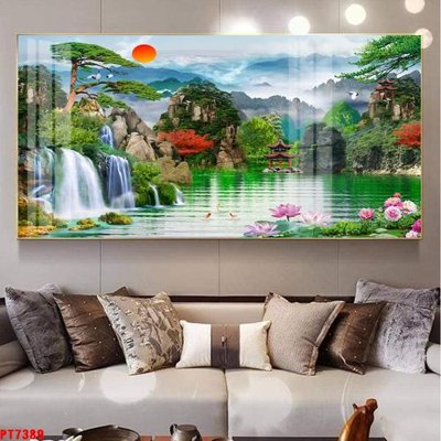 File gốc Tranh sơn thủy thác nước PT7389 (in lụa) tranh phong thủy