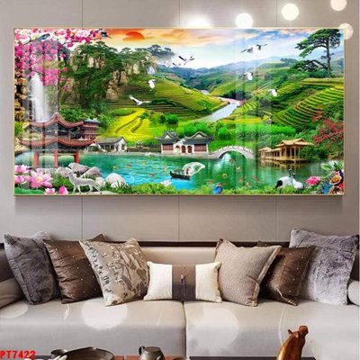 File gốc Tranh sơn thủy thác nước PT7422 (in tráng gương) nghệ thuật