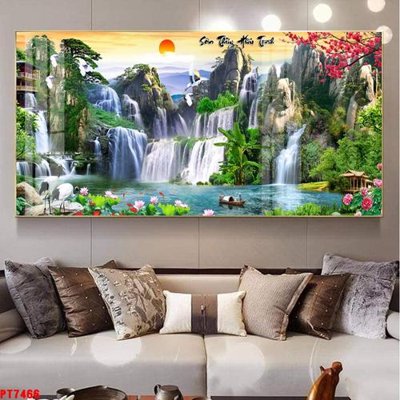 File tranh in trần 3D Tranh sơn thủy thác nước PT7466 (ảnh gốc)