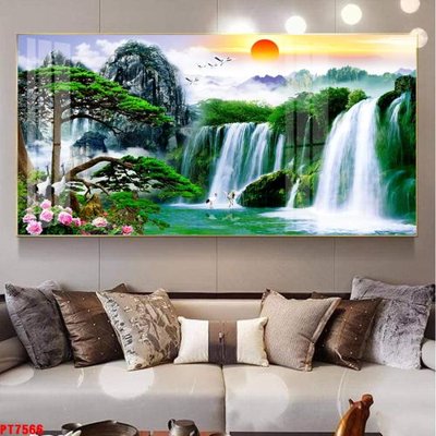 File in lụa Tranh sơn thủy thác nước PT7566 (phong cảnh) Tranh sơn thủy thác nước PT7566