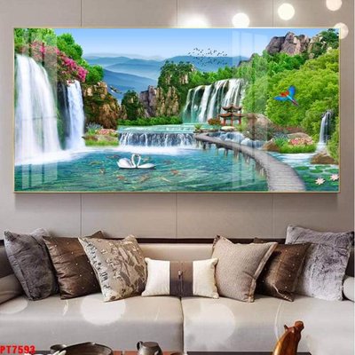File gốc Tranh sơn thủy thác nước PT7593 (in lụa) tranh mã đáo