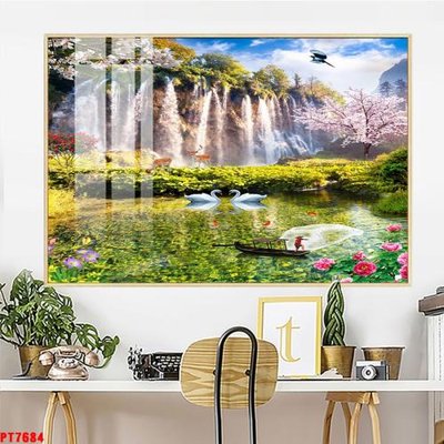 File tranh Tranh sơn thủy thác nước PT7684 (file gốc) chủ đề phong thủy