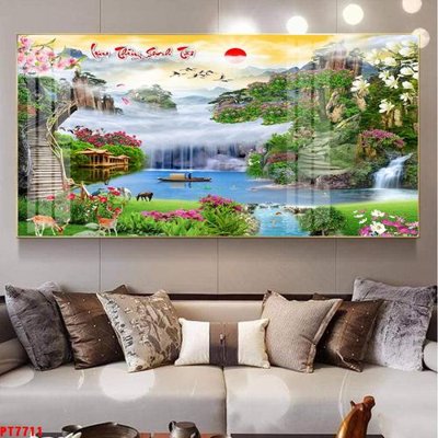 Ảnh gốc file in lụa Tranh sơn thủy thác nước PT7711 chi tiết