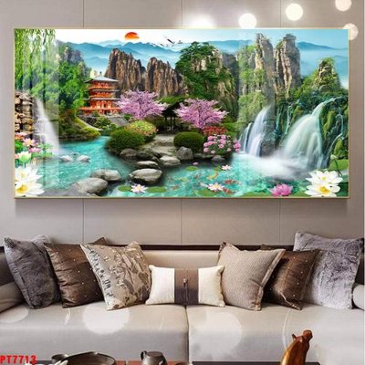 File gốc Tranh sơn thủy thác nước PT7713 (phong cách) cổ điển