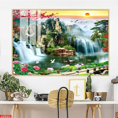 Ảnh gốc Tranh sơn thủy thác nước PT7775 (độ nét cao) in mica