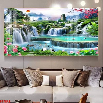 File tranh Tranh sơn thủy thác nước PT7818 (gốc) in trên kính