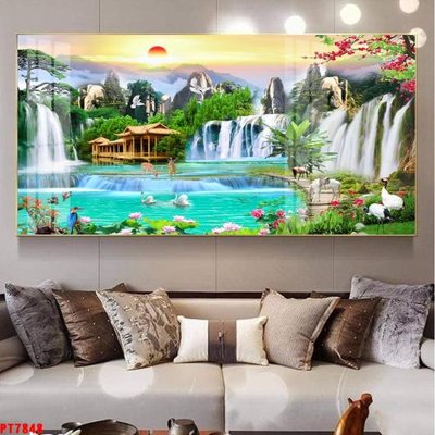 File in trần Tranh sơn thủy thác nước PT7848 (bản gốc) bầu trời
