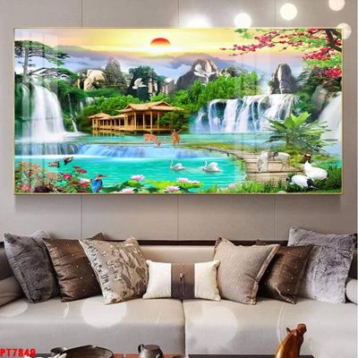 File in trần Tranh sơn thủy thác nước PT7849 (file gốc) phong thủy