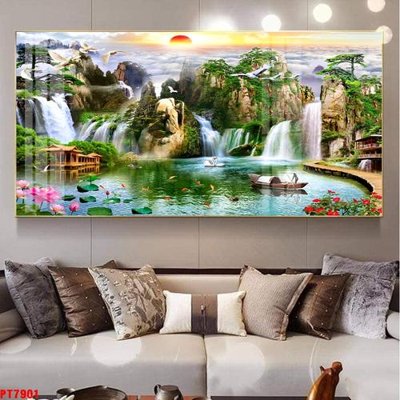 File gốc Tranh sơn thủy thác nước PT7901 (in lụa) họa tiết 3D