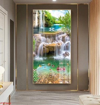 File in trần Tranh sơn thủy thác nước PT7915 (file gốc) phong thủy