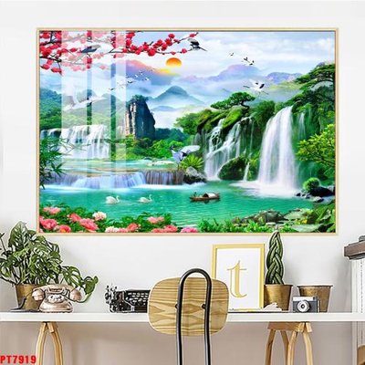 File in mica Tranh sơn thủy thác nước PT7919 (bản gốc) làm vách ngăn