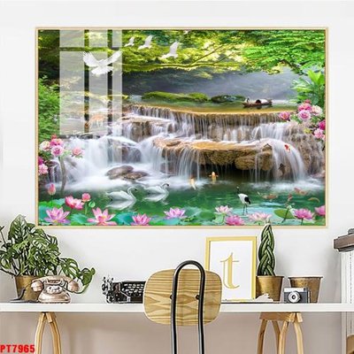 File tranh gốc in trần nhà Tranh sơn thủy thác nước PT7965 3D