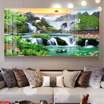 File gốc Tranh sơn thủy thác nước PT7994 (in lụa) họa tiết 3D