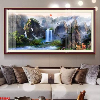 File tranh Tranh sơn thủy thác nước PT8042 (gốc) in trên kính