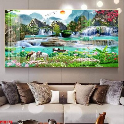 Hình ảnh file gốc in lụa Tranh sơn thủy thác nước PT8170