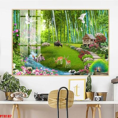 Download file gốc Tranh sơn thủy thác nước PT8187 (in lụa) hoa lá