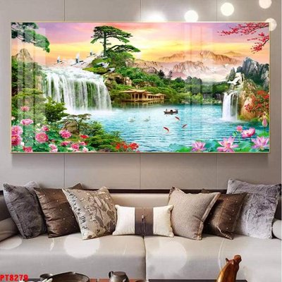 File gốc Tranh sơn thủy thác nước PT8279 (in lụa) tranh thuận buồm