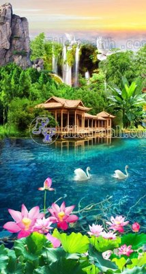 File in lụa File phong thủy đứng thác nước PTD2075 (phong cảnh) File phong thủy đứng thác nước PTD2075