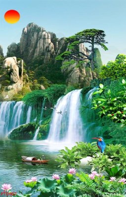 File tranh File phong thủy đứng thác nước PTD467 (gốc) phong cách tối giản