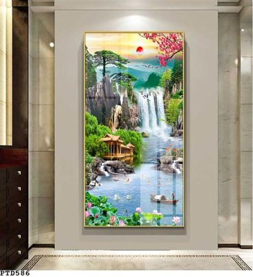 File tranh File phong thủy đứng thác nước PTD586 (bản gốc) in lụa dán tường