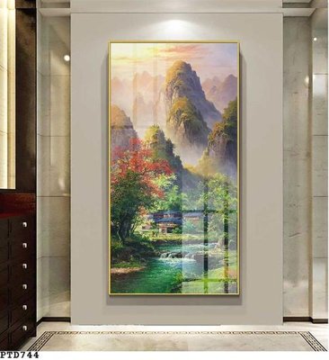 File gốc File phong thủy đứng thác nước PTD744 (in lụa) tranh mã đáo