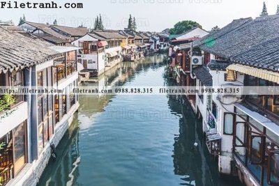 File in lụa Phong canh toa nha co Zhang Jiangnan 237 (hoa văn) Phong canh toa nha co Zhang Jiangnan 237