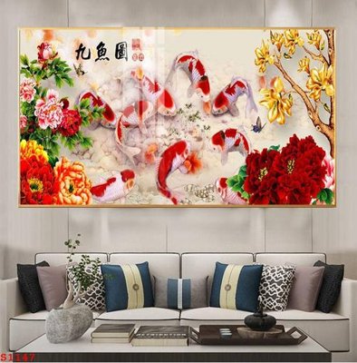 File in trần Tranh cửu ngư quần hội sen cá S1147 (bản gốc) 5D