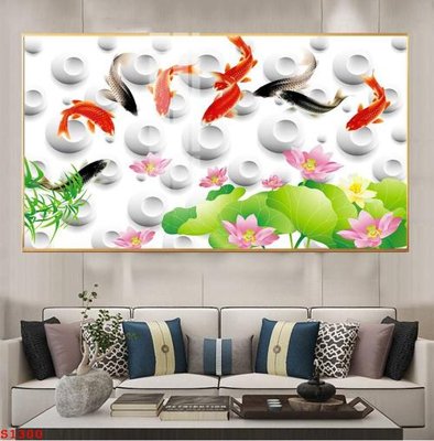 File gốc Tranh cửu ngư quần hội sen cá S1300 (in tráng gương) sang trọng